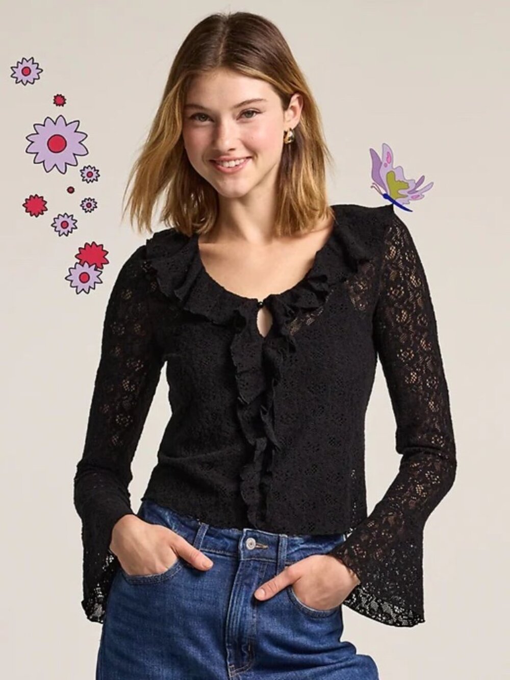 Old Navy x Anna Sui V-Neck Floral Lace Top in Black Size 3x